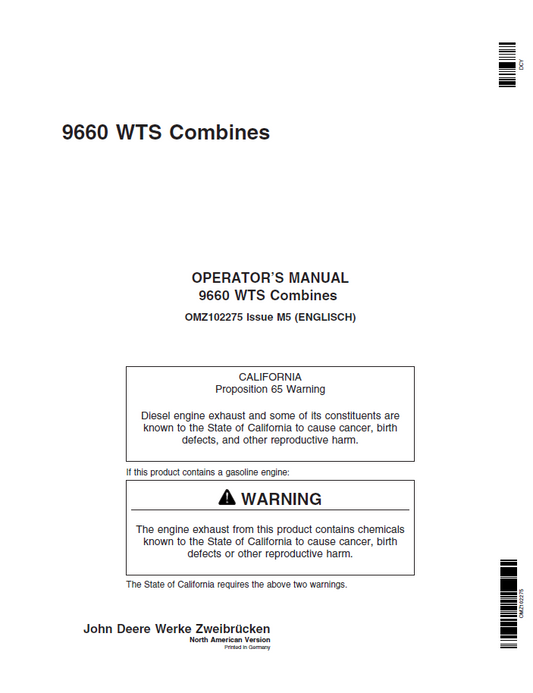 John Deere 9660 WTS Combines Operator Manual OMZ102275 PDF