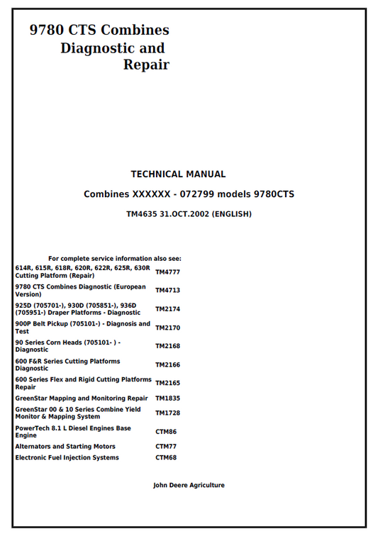 John Deere 9780 CTS Combines Technical Manual TM4635 PDF 
