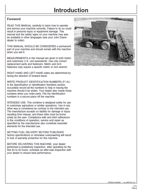 John Deere 9880i STS Combine Operating & Maintenance Manual