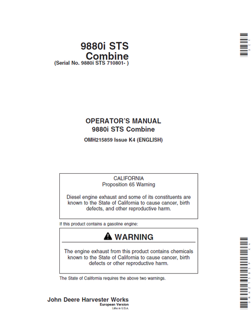 John Deere 9880i STS Combine Operator Manual OMH215859