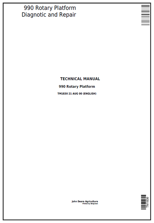 John Deere 990 Rotary Platform Diagnostic and Repair Technical Manual TM1830 PDF