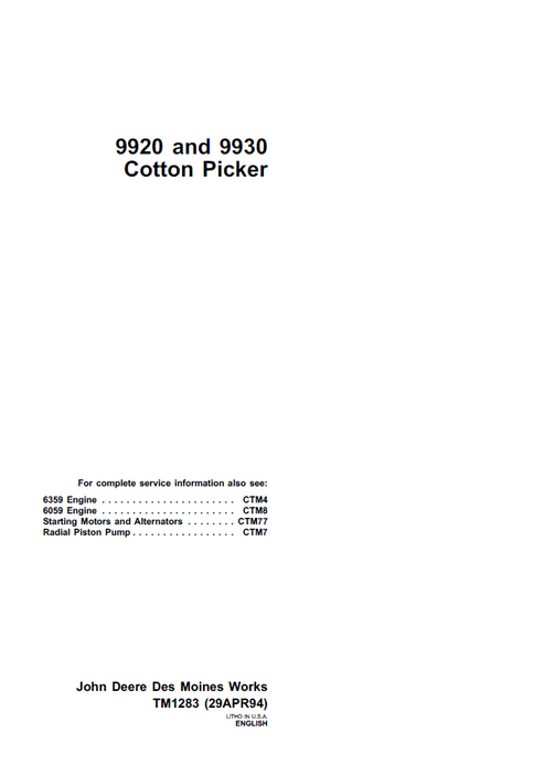 John Deere 9920 9930 Cotton Picker Technical Manual TM1283