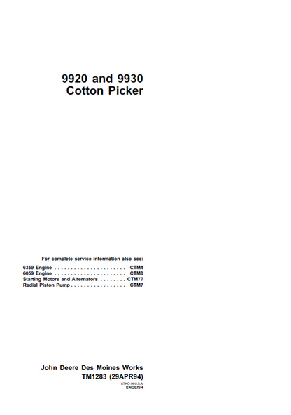 John Deere 9920 9930 Cotton Picker Technical Manual TM1283