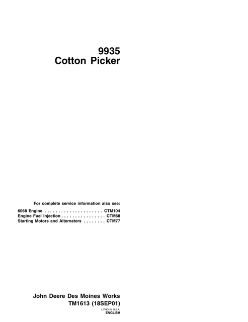 John Deere 9935 Cotton Picker Technical Manual TM1613