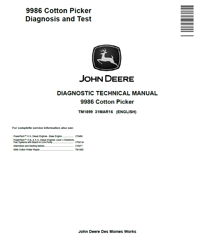 John  Deere 9986 Cotton Picker Diagnostic Technical Manual TM1899 PDF