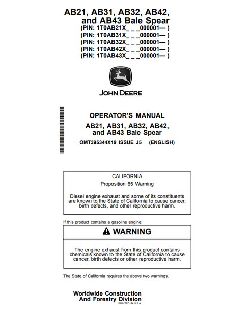 John Deere AB21 AB31 AB32 AB42 AB43 Bale Spear Operator Manual PDF