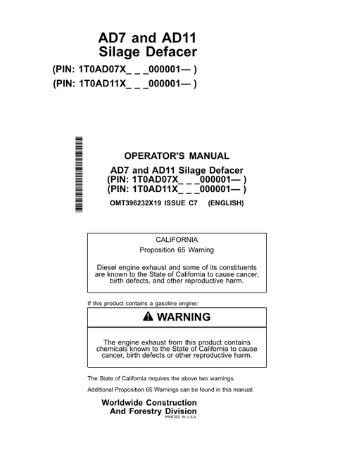 John Deere AD7 AD11 Silage Defacer Operator Manual