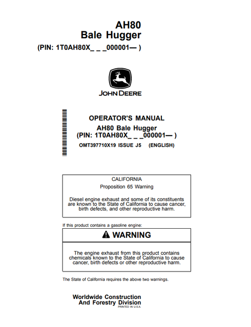 John Deere AH80 Bale Hugger Operator Manual PDF
