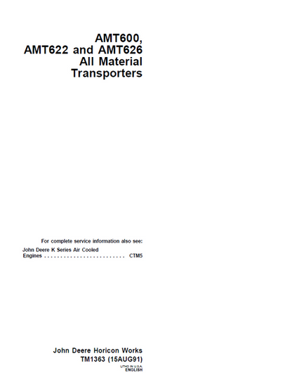 John Deere AMT600, AMT622 & AMT626 Material Transporter Manual TM1363
