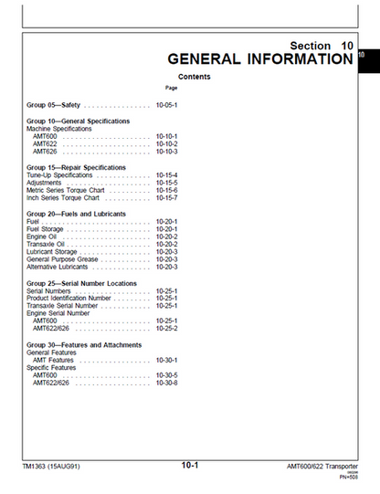 John Deere AMT600 AMT622 AMT626 Material Transporter Repair Manual TM1363