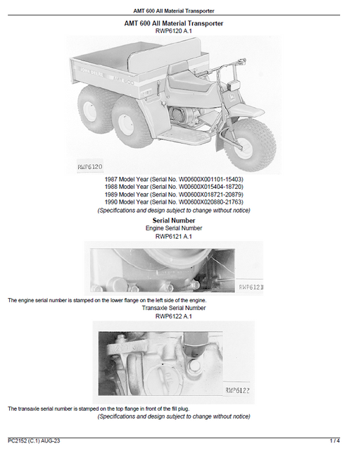 John Deere AMT 600 Material Transporter Parts Manual PC2152 PDF