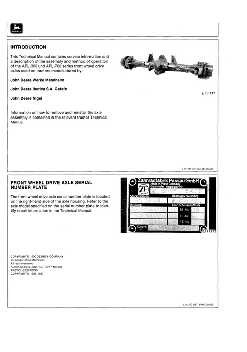 John Deere APL-300 & APL-700 MFWD Axle Repair Manual PDF