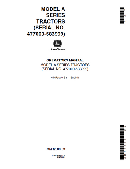 John Deere A Series Tractor Operator Manual OMR2000