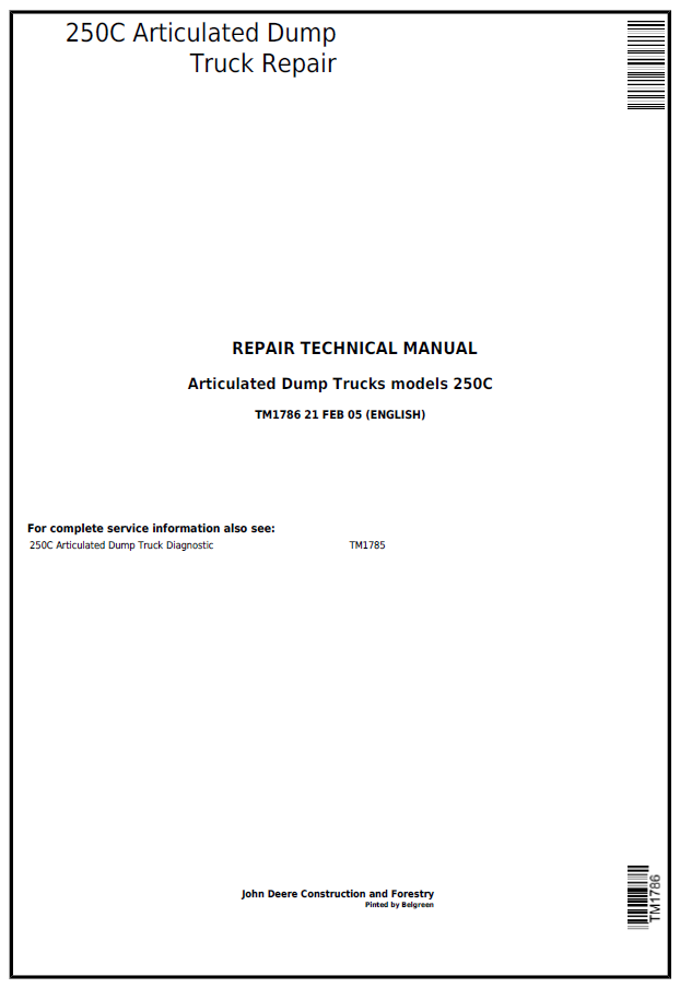 John Deere Articulated Dump Trucks models 250C Repair Technical Manual TM1786 PDF