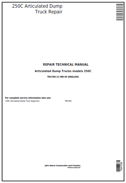 John Deere Articulated Dump Trucks models 250C Repair Technical Manual TM1786 PDF