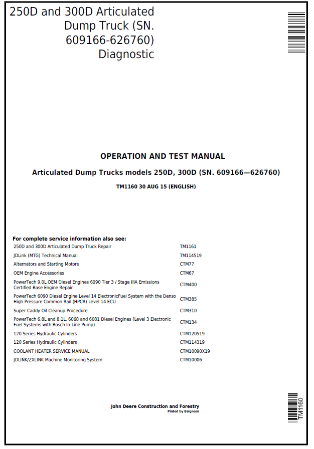 John Deere Articulated Dump Trucks models 250D, 300D Operation and Test Manual TM1160 PDF