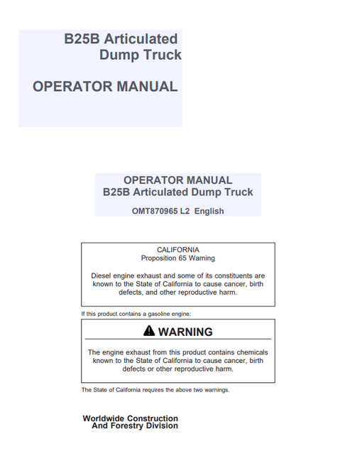 John Deere B25B Articulated Dump Truck Operator Manual