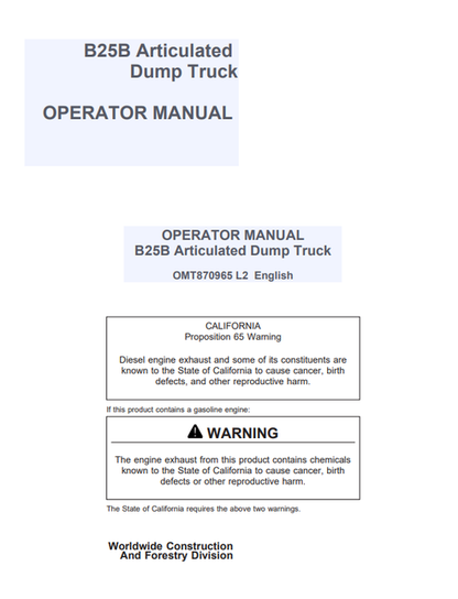 John Deere B25B Articulated Dump Truck Operator Manual