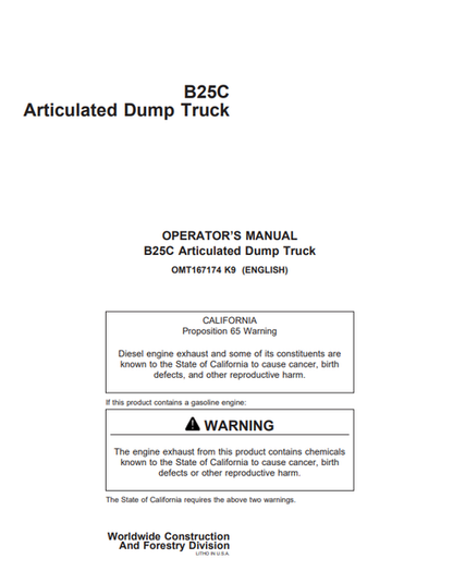 John Deere B25C Articulated Dump Truck Operator Manual