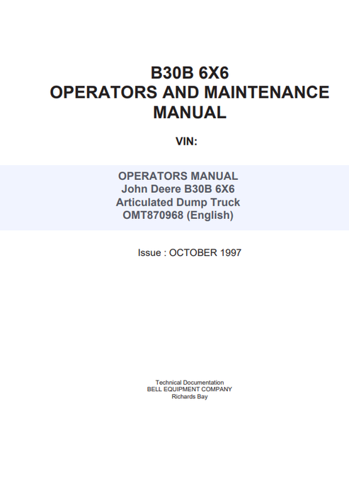 John Deere B30B 6X6 Articulated Dump Truck Operator Manual