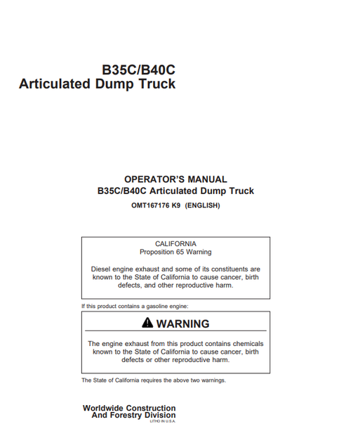 John Deere B35C B40C Articulated Dump Truck Operator Manual