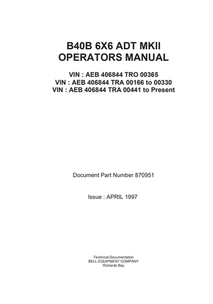 John Deere B40B MK II Articulated Dump Truck Operator Manual