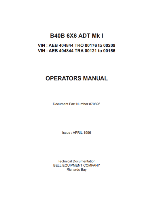 John Deere B40B MK I Articulated Dump Truck Manual OMT870896