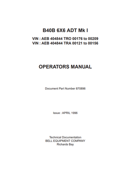 John Deere B40B MK I Articulated Dump Truck Manual OMT870896