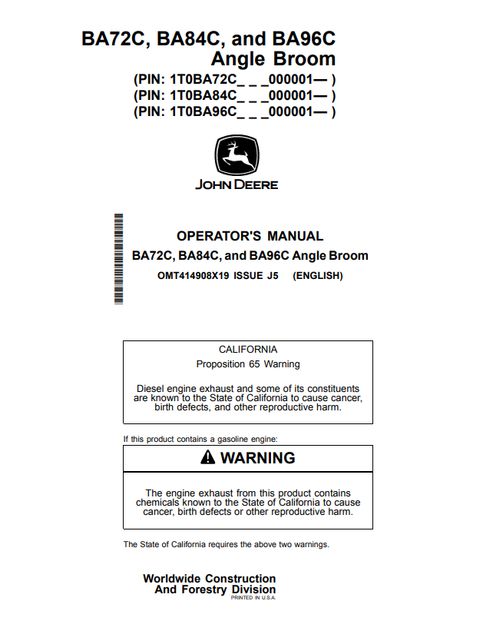 John Deere BA72C BA84C BA96C Angle Broom Operator Manual PDF