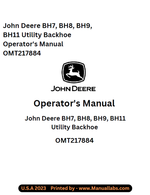 John Deere BH7 BH8 BH9 BH11 Utility Backhoe Operator Manual