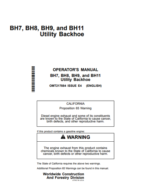 John Deere BH7 BH8 BH9 BH11 Utility Backhoe Operator Manual