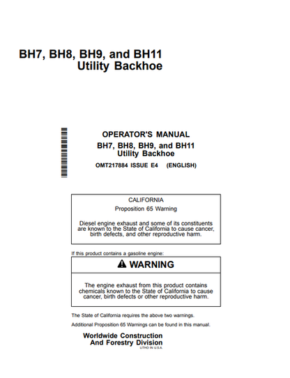 John Deere BH7 BH8 BH9 BH11 Utility Backhoe Operator Manual