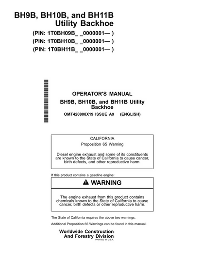 John Deere BH9B BH10B BH11B Utility Backhoe Operator Manual
