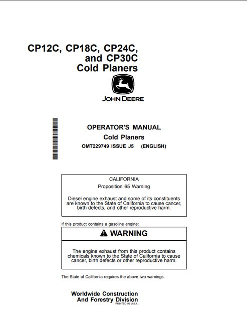 John Deere CP12C CP18C CP24C CP30C Cold Planer Manual
