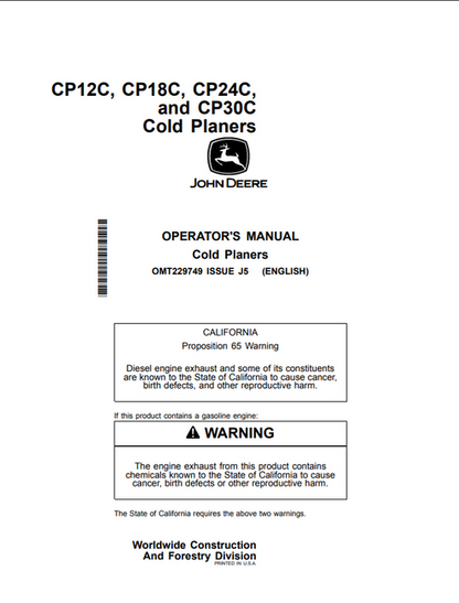 John Deere CP12C CP18C CP24C CP30C Cold Planer Manual