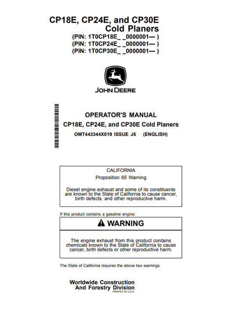 John Deere CP18E CP24E CP30E Cold Planer Operator Manual PDF