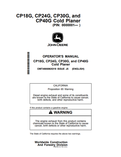 John Deere CP18G CP24G CP30G CP40G Cold Planer Manual PDF