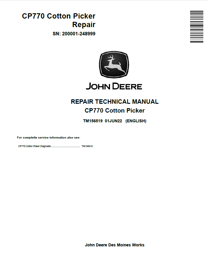 John Deere CP770 Cotton Picker Repair Technical Manual TM156519 PDF