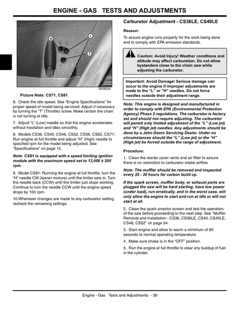 John Deere CS36 CS36LE CS40 CS40LE Chainsaw Technical Manual TM1917