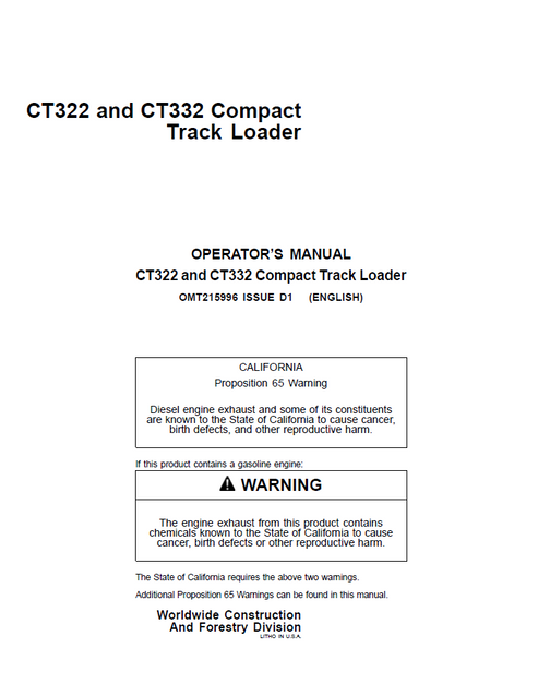 John Deere CT322 CT332 Compact Track Loader Operator Manual OMT215996