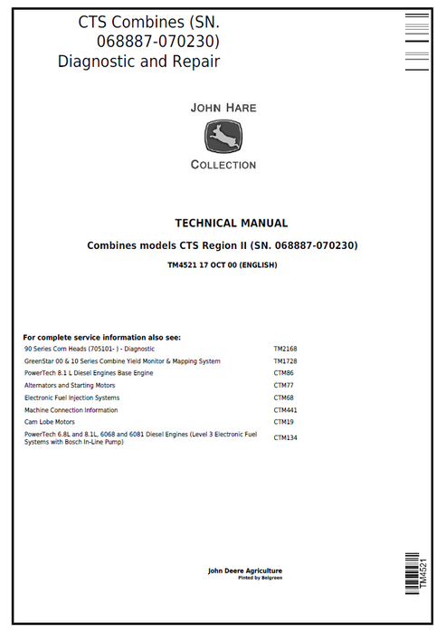 John Deere CTS Combines Diagnostic & Repair Technical Manual TM4521