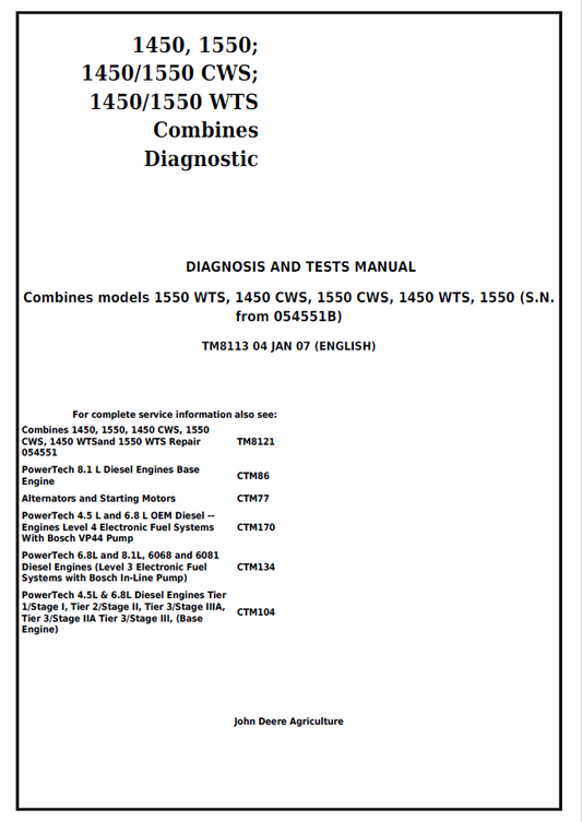 John Deere Combines 1550 WTS, 1450 CWS, 1550 CWS, 1450 WTS, 1550 Diagnosis and Test Manual TM8113 PDF