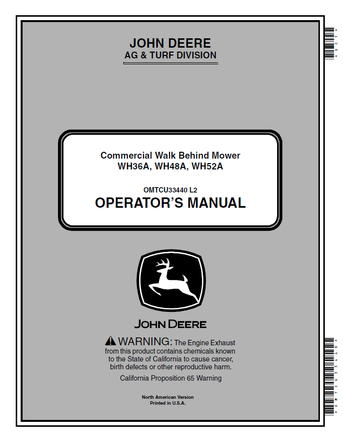John Deere Commercial Walk Behind Mower WH36A, WH48A, WH52A Operator Manual OMTCU33440 PDF