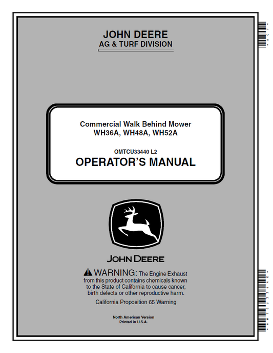 John Deere Commercial Walk Behind Mower WH36A, WH48A, WH52A Operator Manual OMTCU33440 PDF