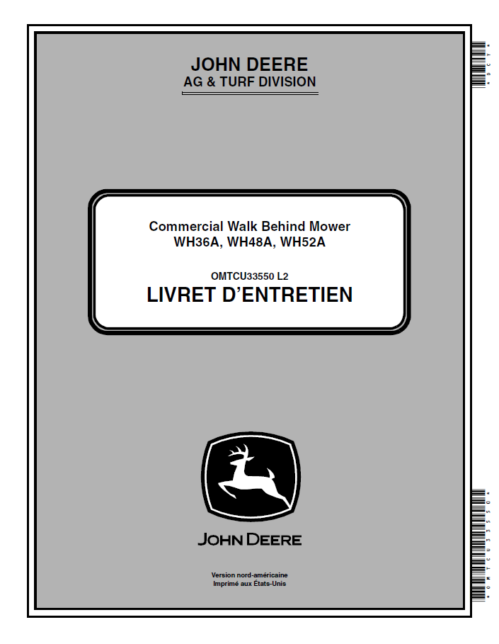 John Deere Commercial Walk Behind Mower WH36A, WH48A, WH52A Operator Manual OMTCU33550 PDF