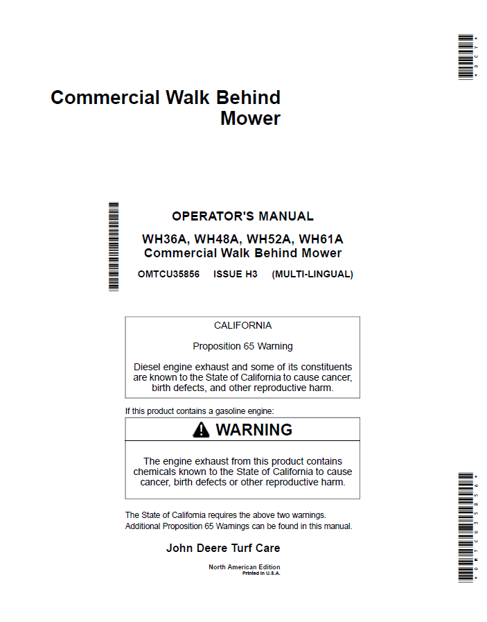 John Deere Commercial Walk Behind Mower WH36A, WH48A, WH52A, WH61A Operator Manual OMTCU35856 PDF