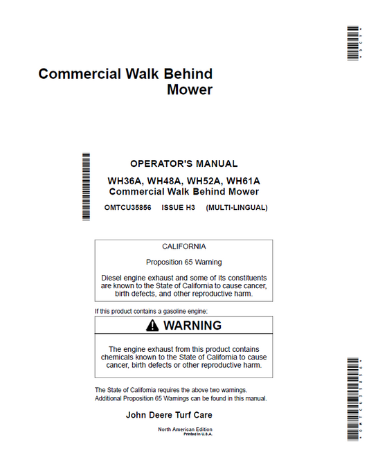 John Deere Commercial Walk Behind Mower WH36A, WH48A, WH52A, WH61A Operator Manual OMTCU35856 PDF