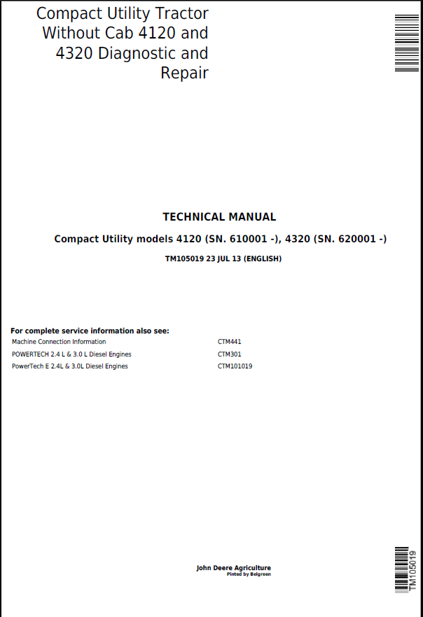 John Deere Compact Utility Tractor Without Cab 4120 and 4320 Technical Manual TM105019 PDF