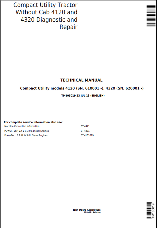 John Deere Compact Utility Tractor Without Cab 4120 and 4320 Technical Manual TM105019 PDF