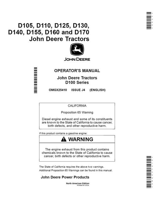 John Deere D105-D170 Tractor Operator Manual OMGX25410